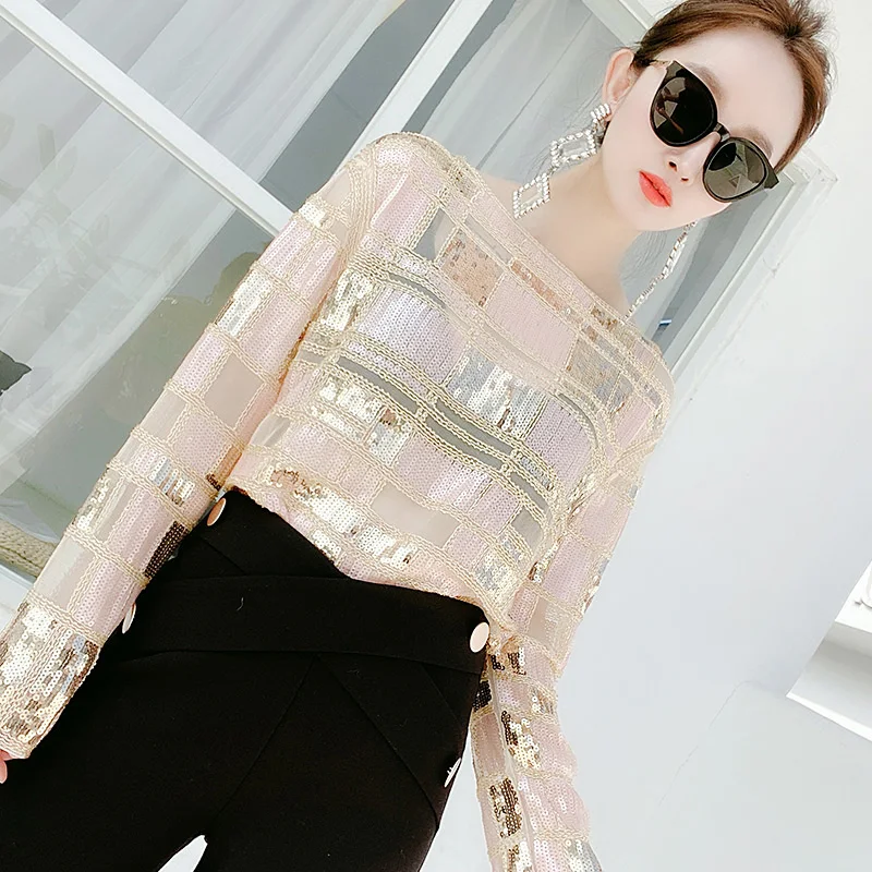 

Women Spring Nail Beads Perspective Yarn Shirt Sequined Sexy Plaids Shinnig Long Sleeve Tops Women Shirts S-2XL