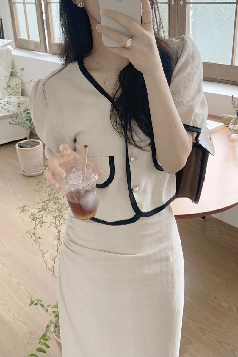 

Korean Chic Summer V-Neck Patchwork Two Piece Set Skirt Short Sleeve Casual Slim High Waist Office Lady Outfits