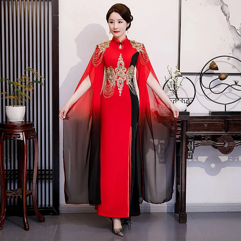 

Modern Chinese Dress Embroidery Qipao Dresses With Shawl Women Elegant Wedding Cheongsam Oriental Evening Dress Long Qi Pao