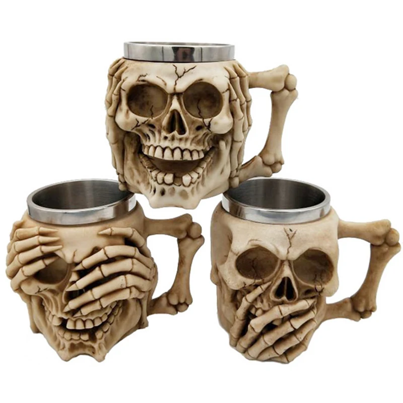 Пивная кружка в стиле ретро 3D из смолы и нержавеющей стали Череп рыцарь Хэллоуин