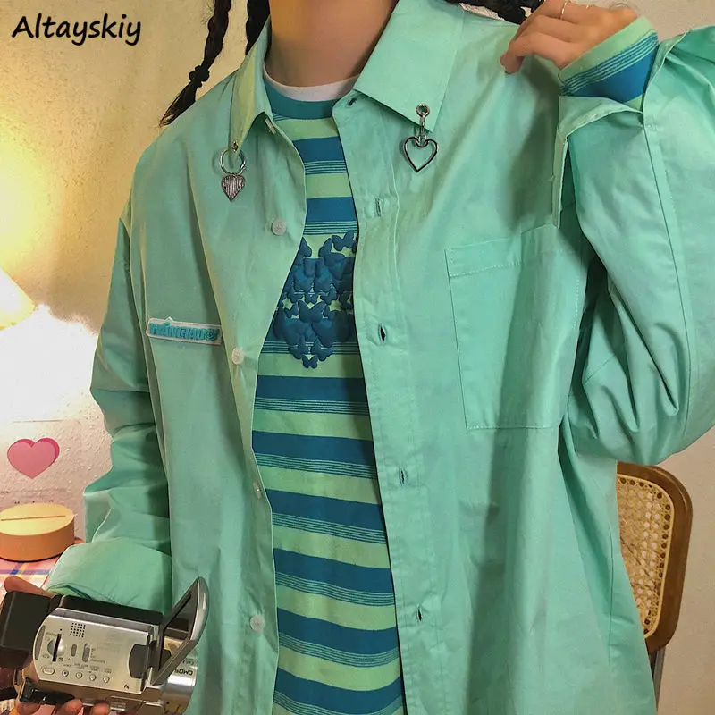 

Women Shirts Loose Harajuku Vintage Solid Hip Hop Leisure BF Streetwear All-match Green Pink Simple Fashion Spring Autumn New