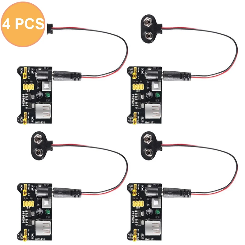 

4 PCS MB102 Breadboard Power Supply Module and 9V Battery Clip with 2.1mm X 5.5mm Male DC Plug Assortment Kit for Arduino