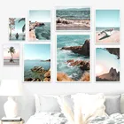 Пейзаж океанских волн, настенная Печать на холсте, Пляжное кокосовое дерево, плакат Лодка, принт Морской Женщины, скандинавский Настенный декор для гостиной