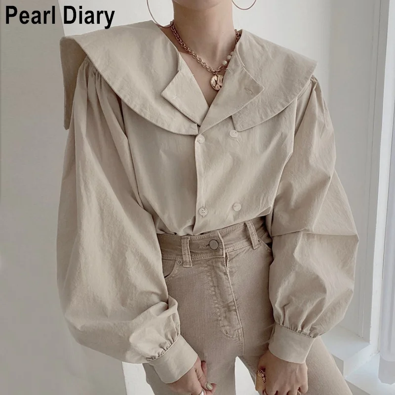 

Autumn Women Long Sleeve Shirt Vintage Double Turn Down Collar Solid Color Korean Fashion Female Tops Women 2021 Casual Blusas