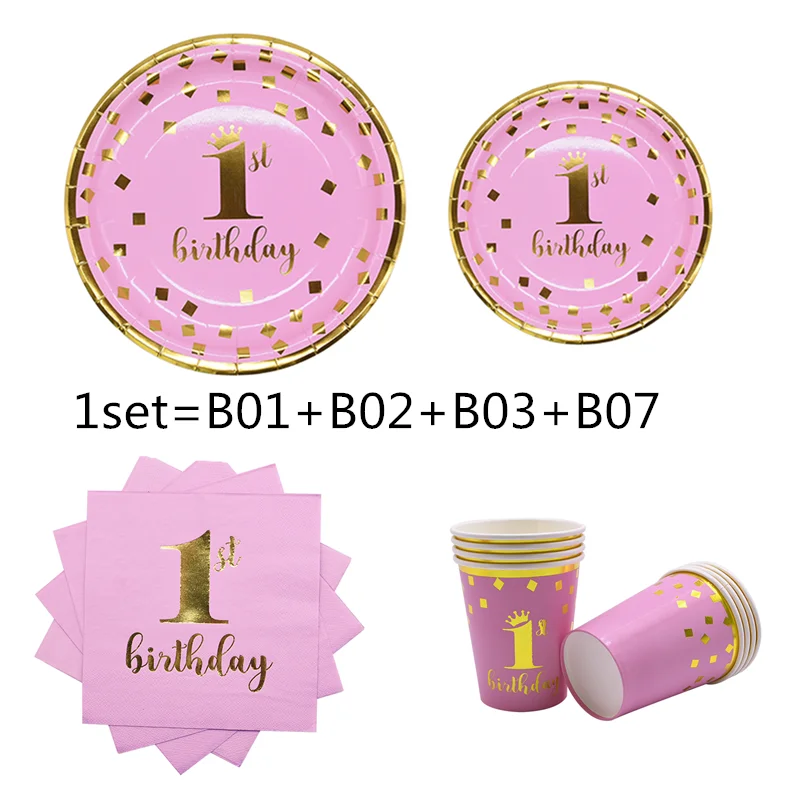 pinkT01 1st Birthday Party Supplies Pink Blue Paper Plates Cups Straws Disposable Tableware Banner Gender Reveal Baby Shower Party Decor - Цвет: pinkT01