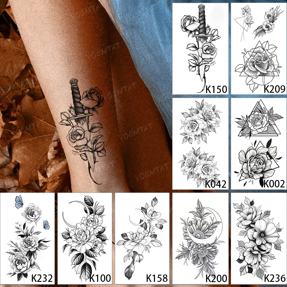 

9pcs Waterproof Temporary Tattoo Sticker Set Sexy Flower Rose Peony Moon Flash Tatoo Woman Black Line Body Art Fake Tatto Man