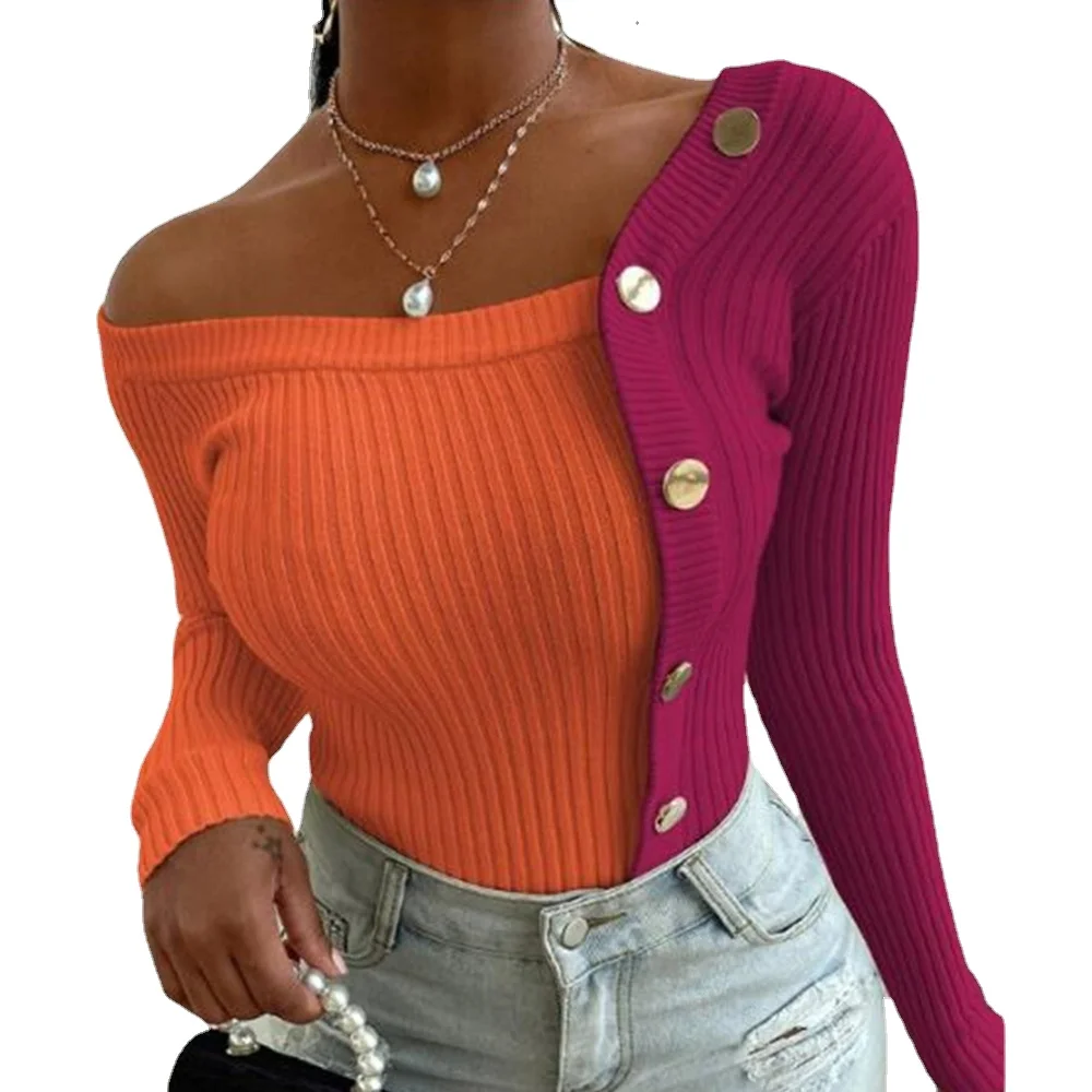 

Hot Sexy Women Off Shoulder Long Sleeve Slim T-shirts Autumn Winter Buttons Bottoming Tops T Shirt Fashion Female Patchwork Tees