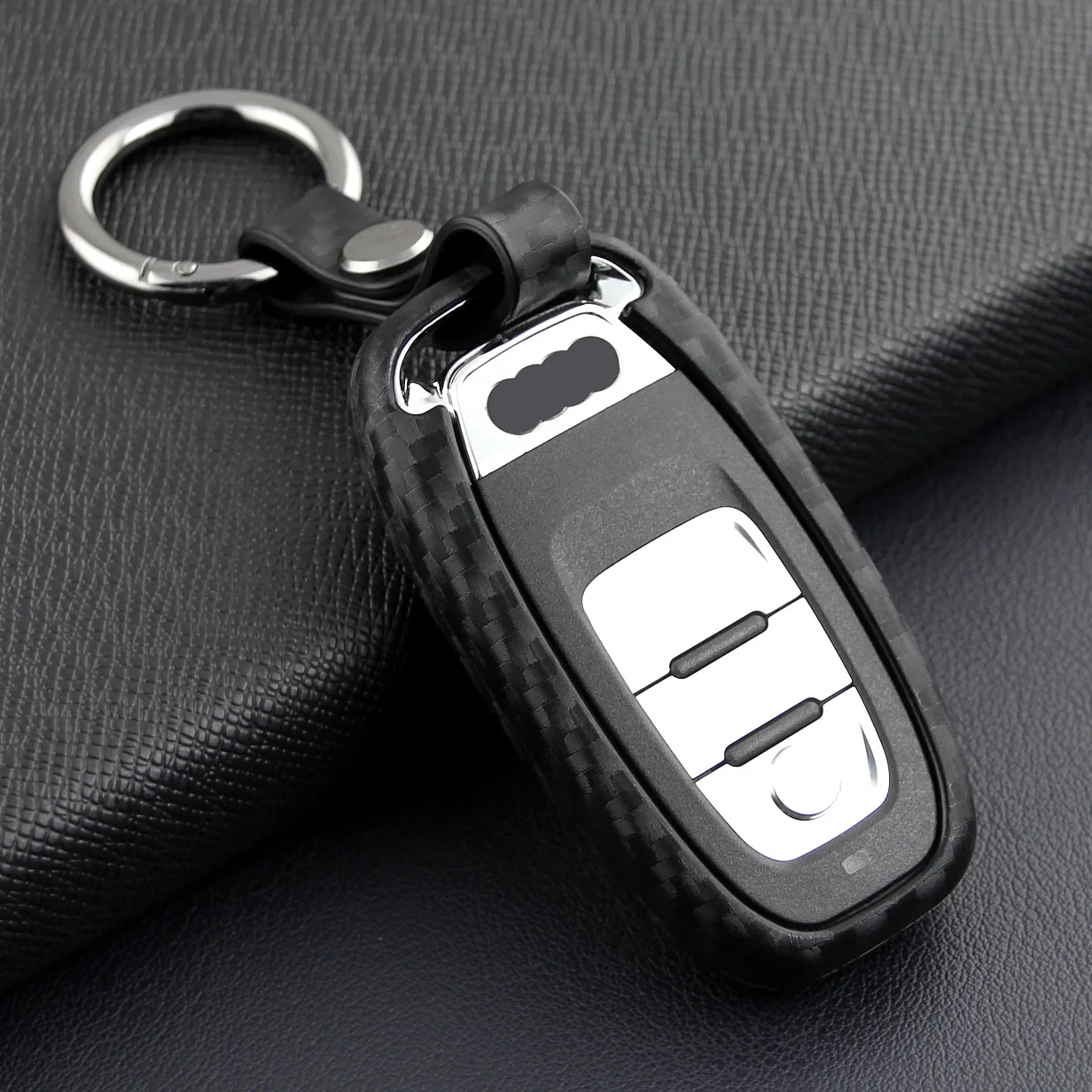 

For Audi A4 B8 A5 A6 A7 A8 D4 Q5 S4 S5 S6 S7 S8 SQ5 Black Carbon Fiber Car Key Case Cover Holder Fob Chain Ring Accessories