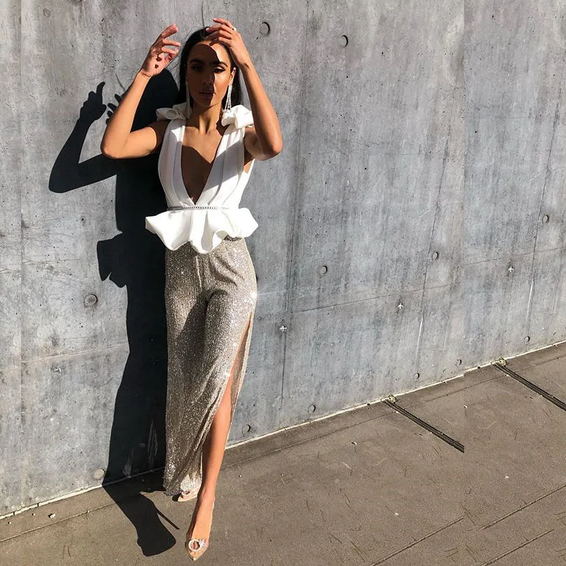 

Bevenccel Sexy Women's Jumpsuits 2020 New Arrival Deep V Ruffle Sequins Beads Bodycon Romper Elegant Backless Split Jumpsuit