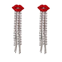 trendy 2022 shiny full crystal red lip long tassel drop earring vintage rhinestone chain earrings for women party jewelry