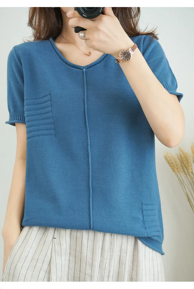 Свитер женский трикотажный с V-образным вырезом и коротким рукавом | Женская