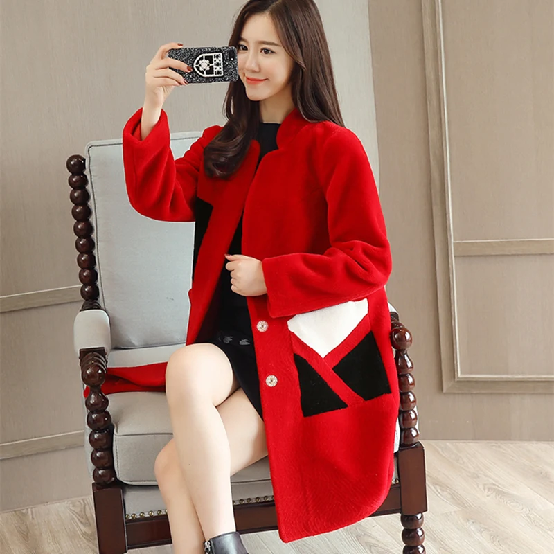 

Зимнее и осеннее женское Новое меховое пальто из овечьей шерсти, модное пальто из овечьей шерсти с воротником, Женское пальто на пуговицах ...