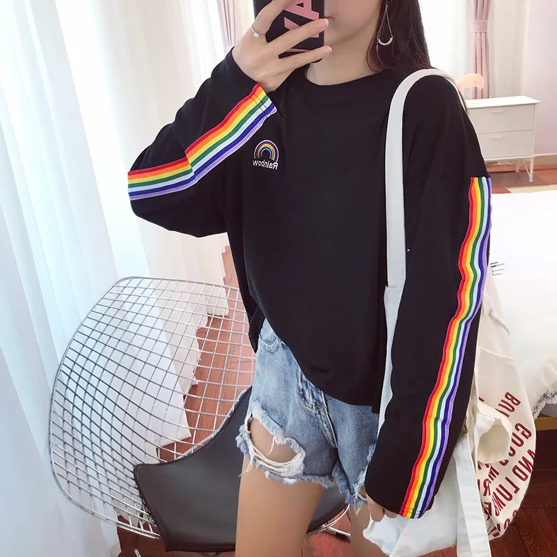 

MINGLIUSILI Korean Style T Shirts 2021 Fashion Rainbow Women Clothing Spring Aesthetic Colored Straps Long Sleeve T Shirt Women