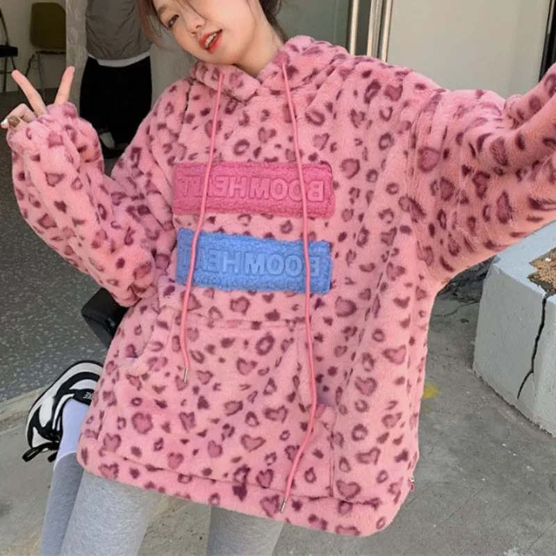 

Towel Embroidery Design Sense Leopard Lamb Wool Hoodie Winter Small Loose Coat Women
