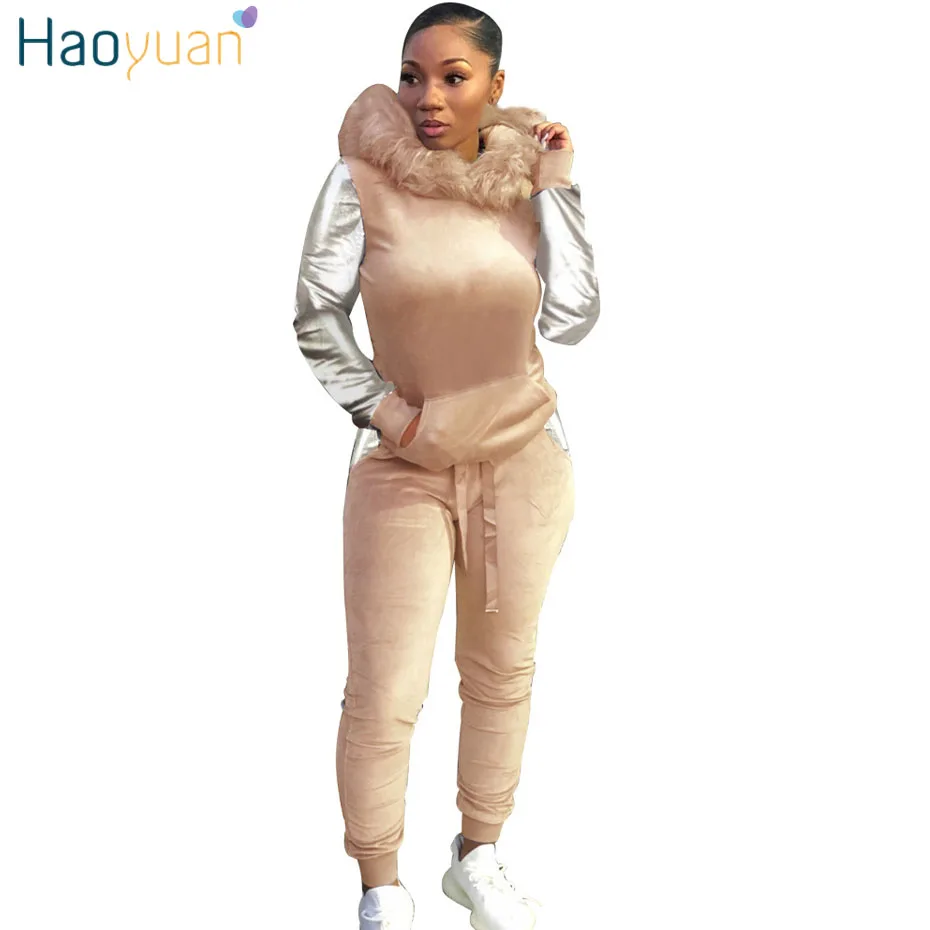 HAOYUAN Бархатный комплект из двух предметов, осенне-зимние наряды, женская одежда, спортивный костюм, толстовки, топы+ штаны, спортивный костюм из 2 предметов, велюровый спортивный костюм