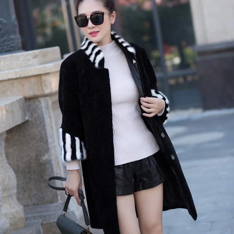 Женская Шуба из овчины теплая шуба с воротником натурального меха норки зима 2020 |