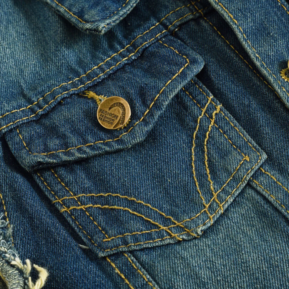 Мужской рваный джинсовый жилет винтажный с дырками темно-синее однобортное