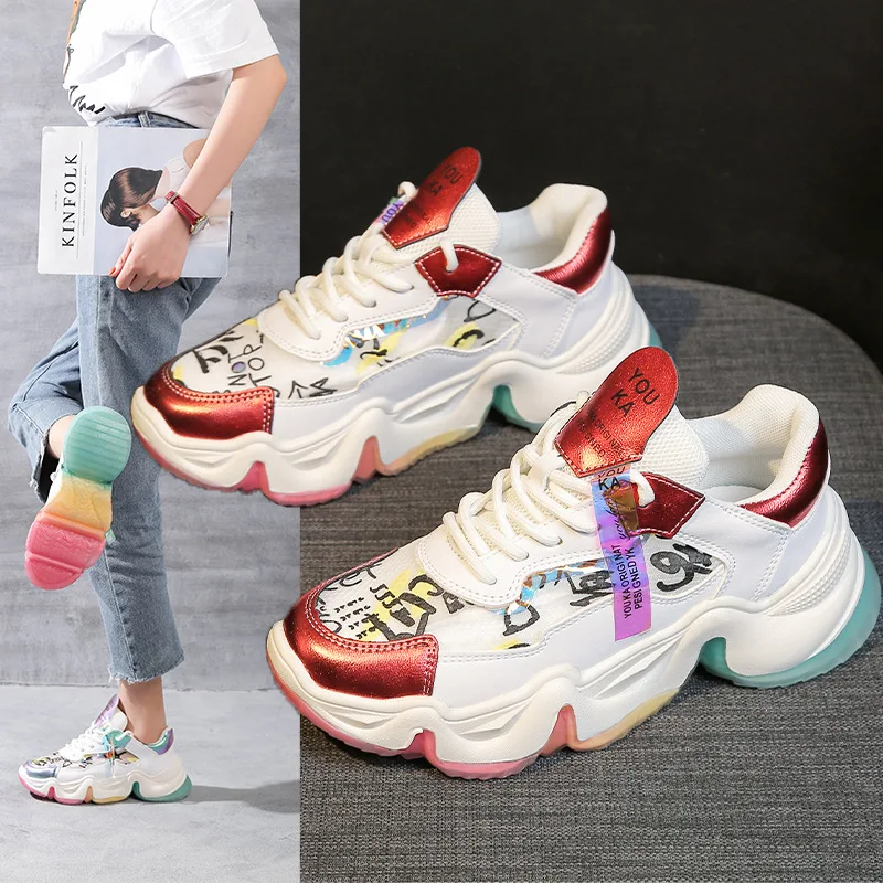 

2020 ladies new breathable color matching jelly bottom sports casual shoes colorful graffiti increased wear running shoes