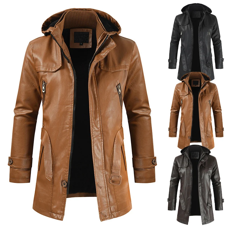 

PU Leather Jacket Men Hooded Slim-fitting Leather Garment for Men