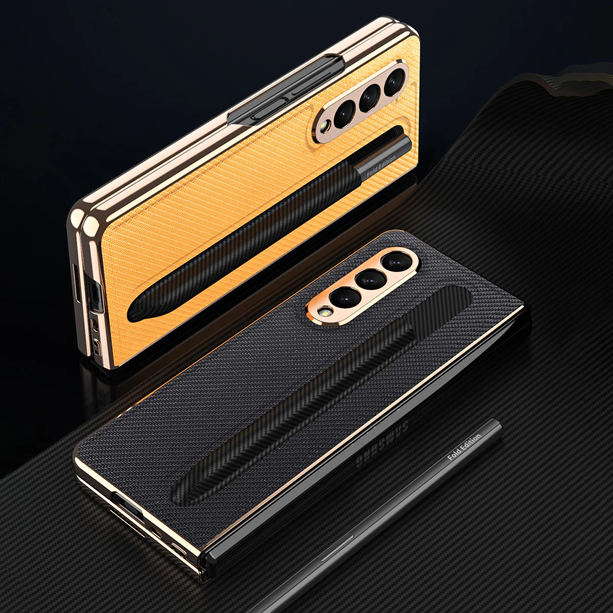 with front glass pen holder slot case for samsung galaxy z fold 3 fold3 5g case ultra thin carbon fiber leather phone cover capa free global shipping