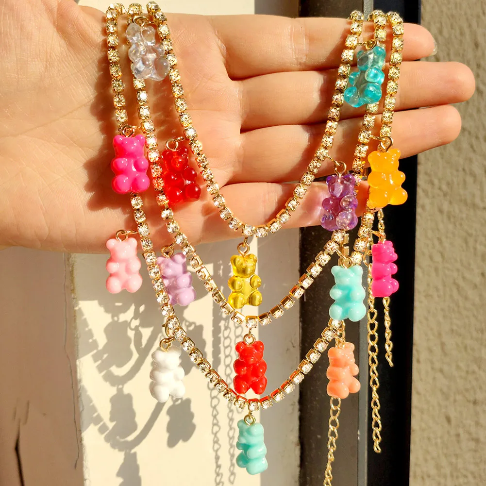 New Rainbow Color Resin Jelly Gummy Bear Charm Necklaces For Women Shine Crystal Tennis Choker Necklace Christmas Gifts Jewelry |