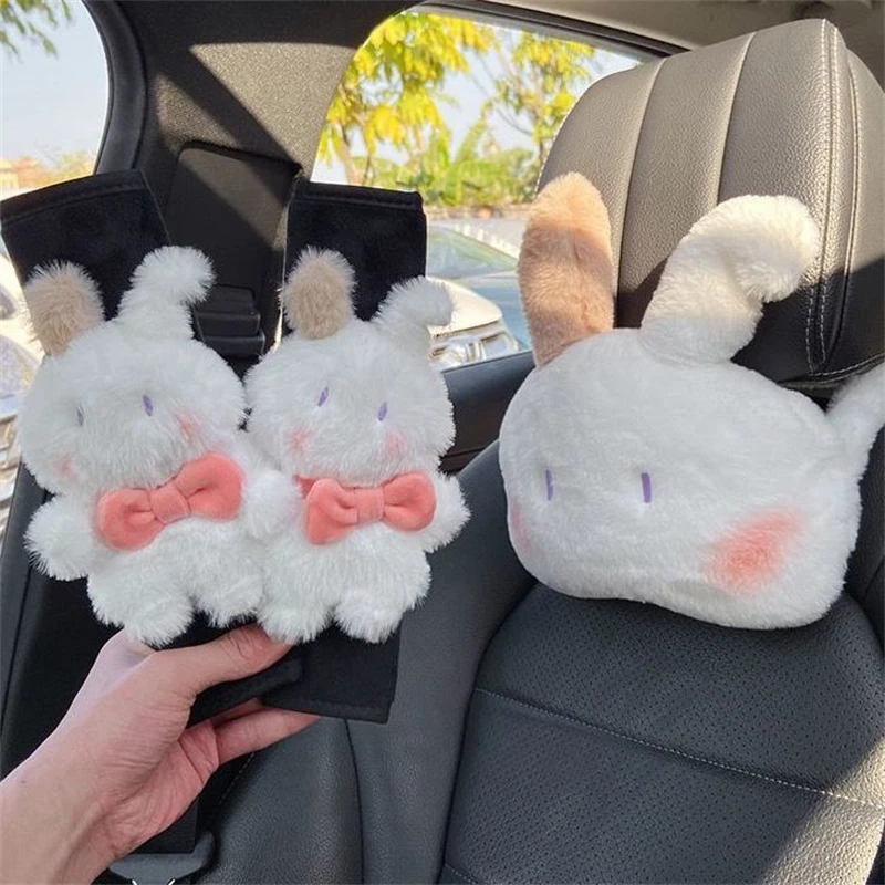

Sweet Rabbit Warm Vehicle-Mounted Plush Seat Safety Belts Set Cover Car Neck Pillow Lady Gift