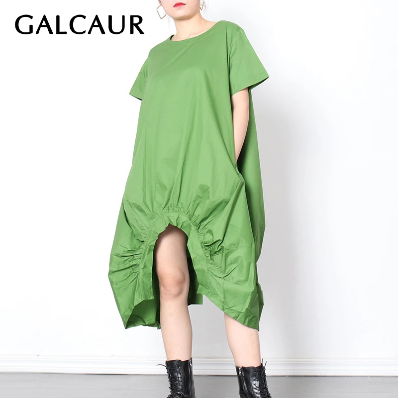 

GALCAUR Casual Solid Dress For Women O Neck Short Sleeve Draped Split Hem Ruched Loose Plus Size Mid Dresses Female 2021 Clothes