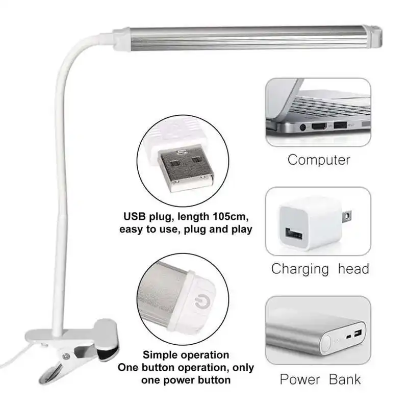 

Tattoo Supplies Portable LED Clip On Desk Lamp Adjustable USB Plug In Nail Art Beauty Tattoo Lamp Silver Tattoo Supplies