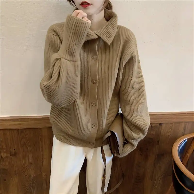 

CGC 2021 Autumn Winter Knitted Women's Jacket Vintage Female Cardigan Long Sleeve Turtleneck Sweater Women Oversized Cardigan