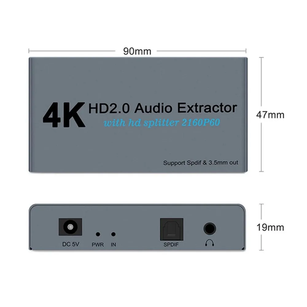 

E12A HD 2.0 Audio Extractor Splitter HD to 2 HD Splitter 4K 60Hz HD to HD Optical SPDIF 3.5mm HD Audio Splitter Switcher