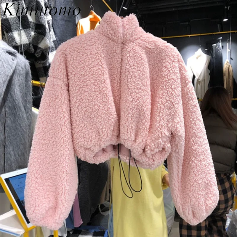 

Kimutomo Casual Sweet Thick Lamb Wool Coat Woman 2021 Winter New Korean Drawstring Short Stand-up Collar Long Sleeve Jacket Tide