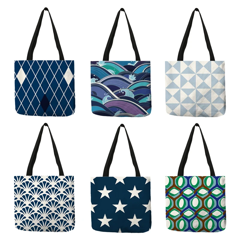 

Сумка-тоут унисекс, повседневная, практичная, синего цвета, с геометрическим узором