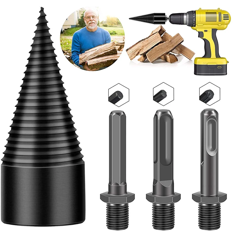 

4Pcs 32mm Firewood Splitter Drill Bit Round/Hex/Triangle Shank Wood Cone Reamer Punch Driver Step Drill Bit Woodworking Tool