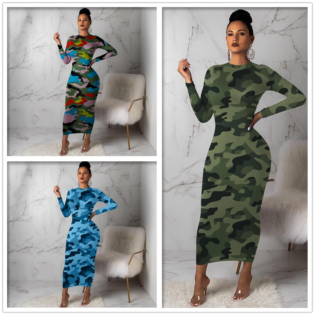 

Fall new women's dresses Round neck long-sleeved long skirts Camouflage printed slim-fit buttocks sexy dresses