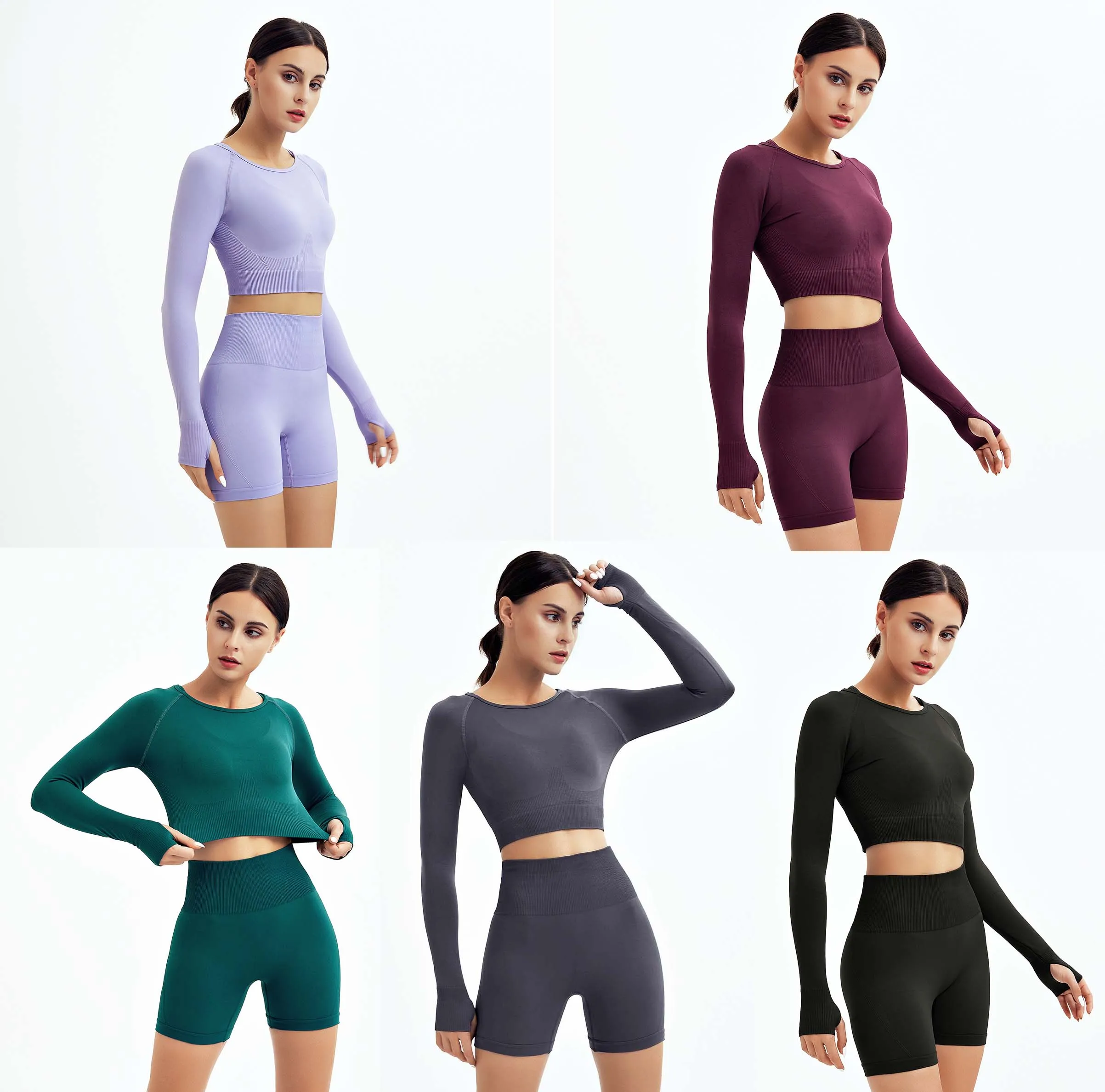 

Seamless Women Yoga Sport Suits Fitness Long Sleeve Top + High Waist Tight-Fitting hip Shorts Leggings Gym Clothing Sports Wear