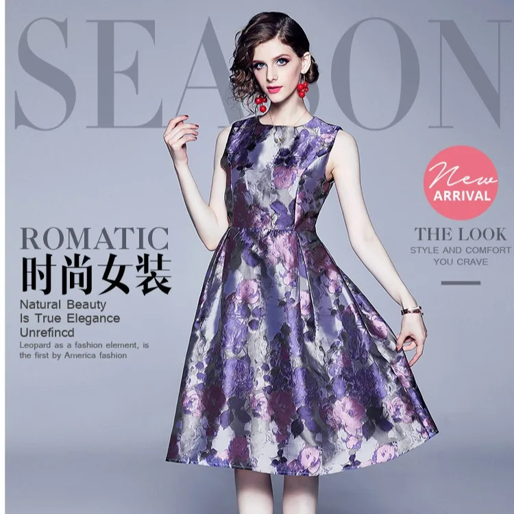 

High Quality Summer Royal Vintage Hepburn Purple Jacquard Floral Print Robe High Waist Plus Size Ladies Dresses Women Tank Dress