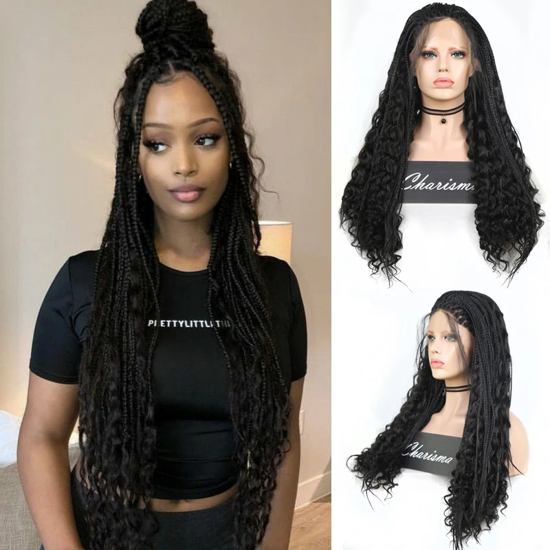 

Charisma Long Braided Wigs for Black Women Synthetic Lace Front Wig with Baby Hair Box Braids Natural Free Part Cosplay Wig