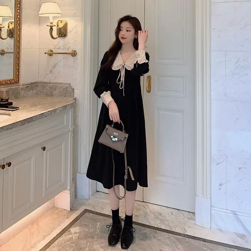 

Vintage Dress Women Sweet Lace Collar French Elegant Long Sleeve Lace-Up Fairy One Piece Dress Korean 2021 Chic