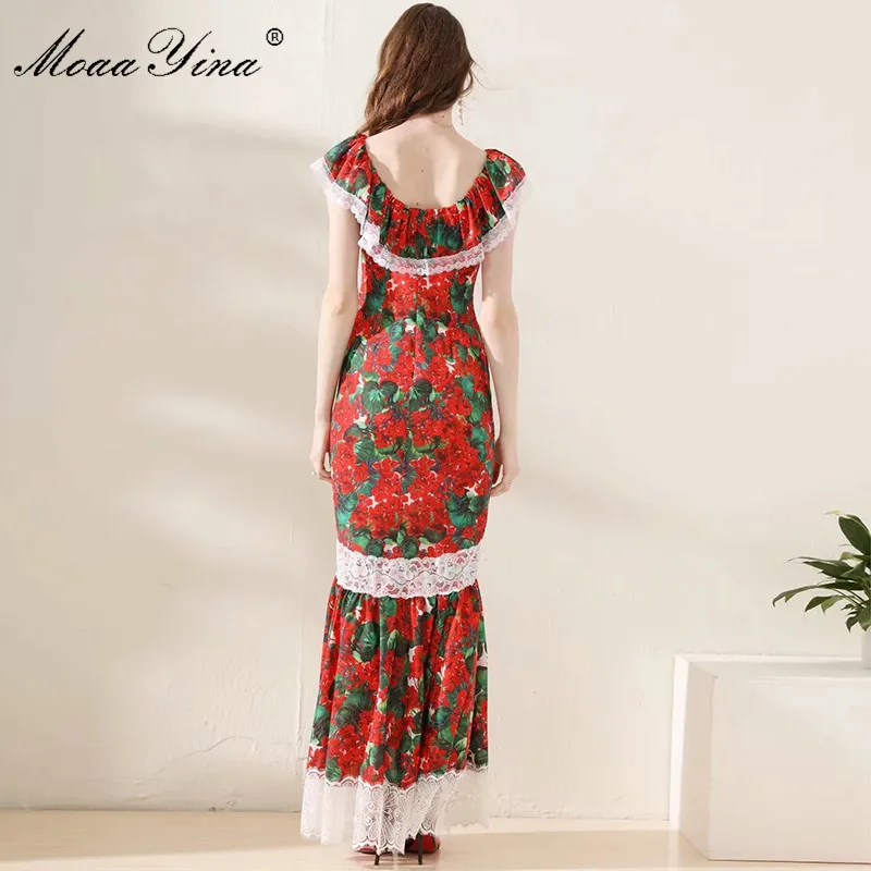 

MoaaYina Fashion Designer Runway Dress Spring Summer Women Lace Floral Print Slim Package buttocks Maxi Mermaid Dress