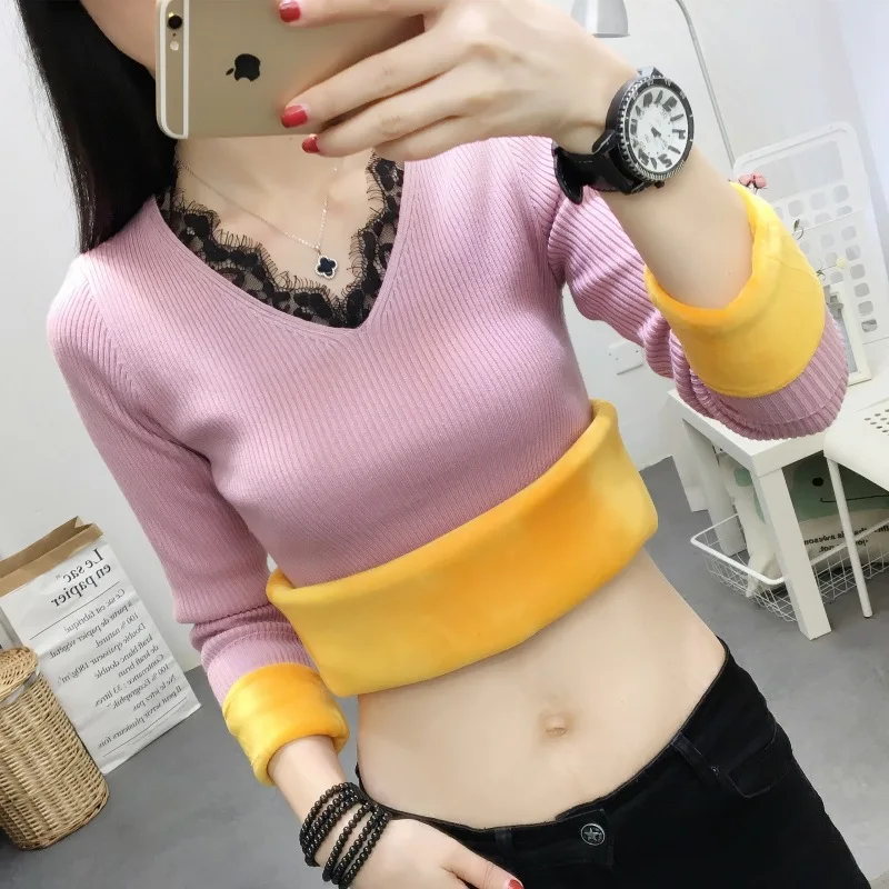 

2021 Autumn Winter Women's Plush Sweater Loose Warm Thickened Lace V-Neck Sweater Short Sweater Slim Bottomed Shirt Fashion Top