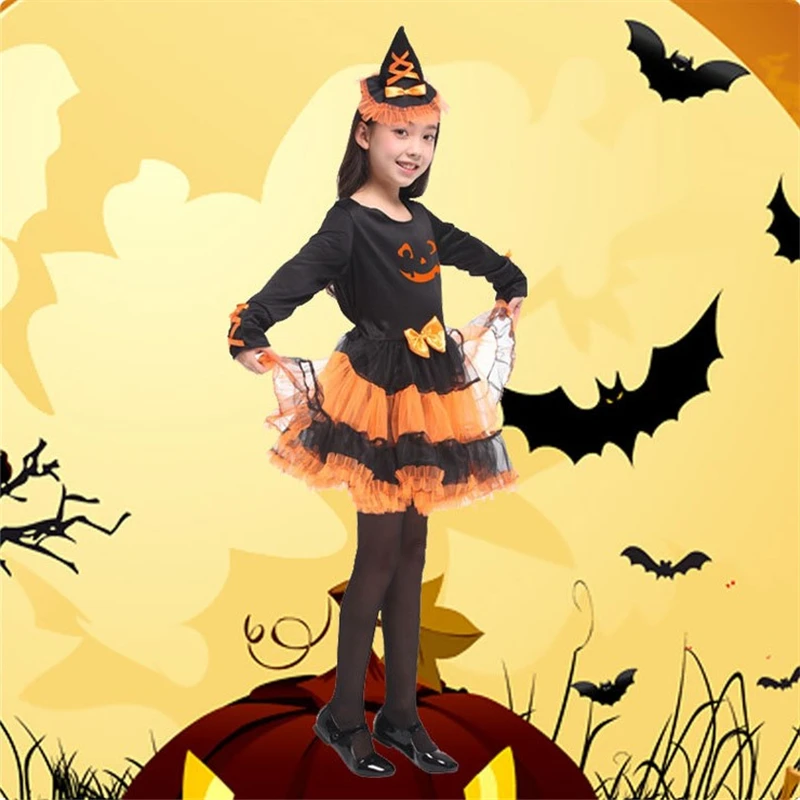 

Halloween Costumes For Kids Pumpkin Witch Girl Cosplay Performance Clothinf Prom Carnival Children's Day Holiday Role Play Fun