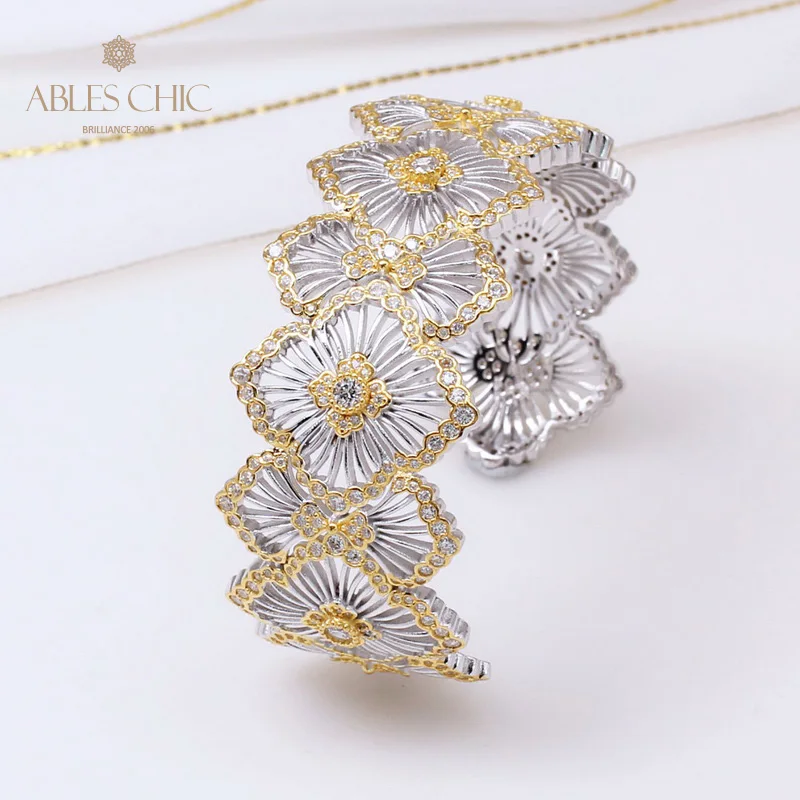 

925 Silver Engraved Floral Daisy Bangle Bracelet Paved CZ Traditional Lace Detail Cocktail Wedding Wide Cuff Luxury Fine Jewelry