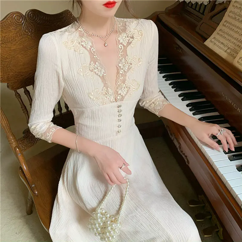 

New French lace V-neck dress in 2021