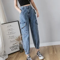 2022 streetwear high waist cargo jeans woman blue mom stretch jeans ladies women pants denim loose jeans mujer