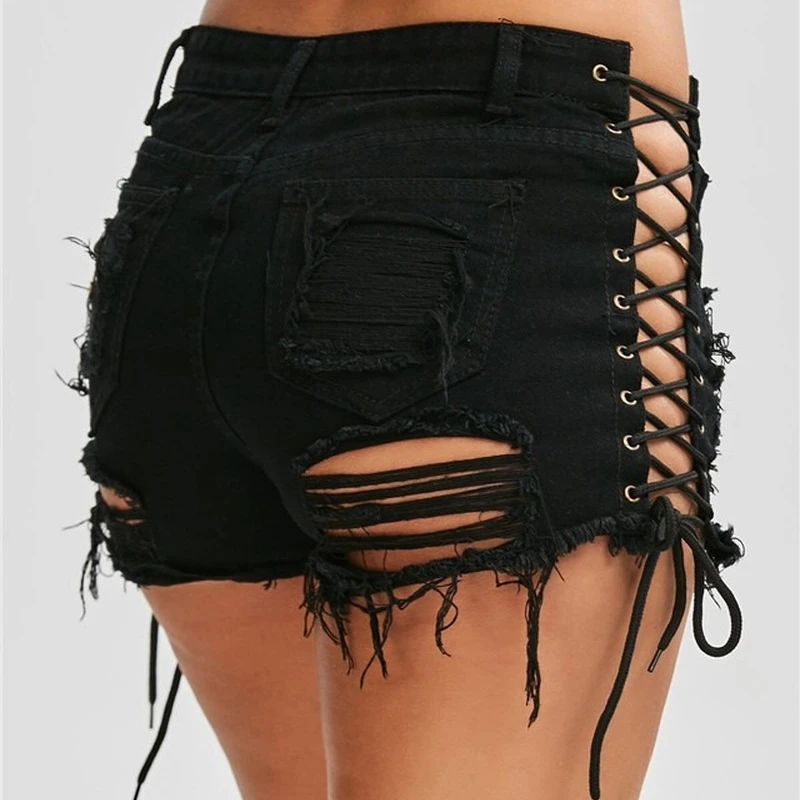 

SUNCREE Summer Hole Side Bandage Denim Shorts for Women Sexy Night Club Shorts Women 2021 Distressed Tight Women's Denim Shorts