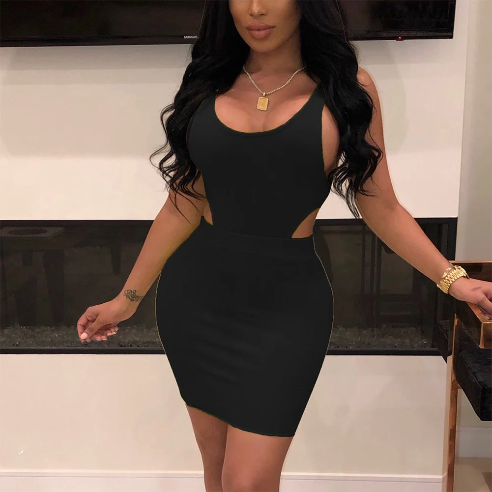 Bikitique сплошной цвет жилет на подтяжках полый плотный посылка бедра юбка костюм