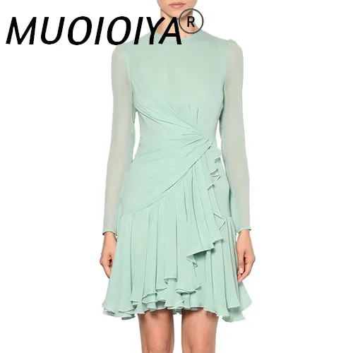 

Женское шифоновое платье-трапеция, дизайнерское модельное элегантное однотонное платье с длинным рукавом и оборками, весна 2021