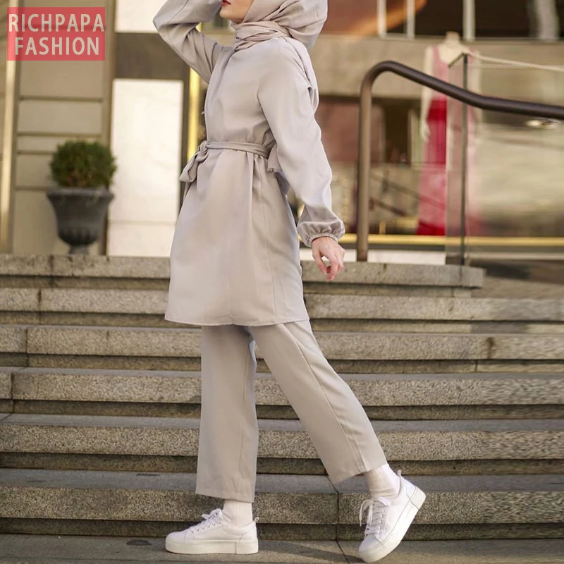 Мусульманская абайя из двух частей турецкие топы брюки свободный женский хиджаб