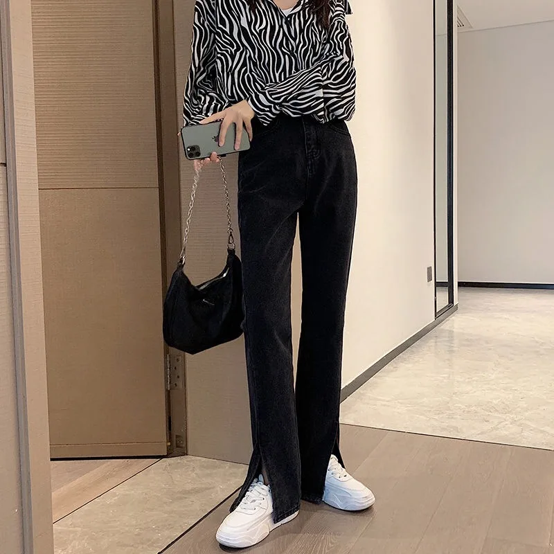 2021 весна джинсы-клеш с глубоким разрезом на весну высокой талией Полная Длина