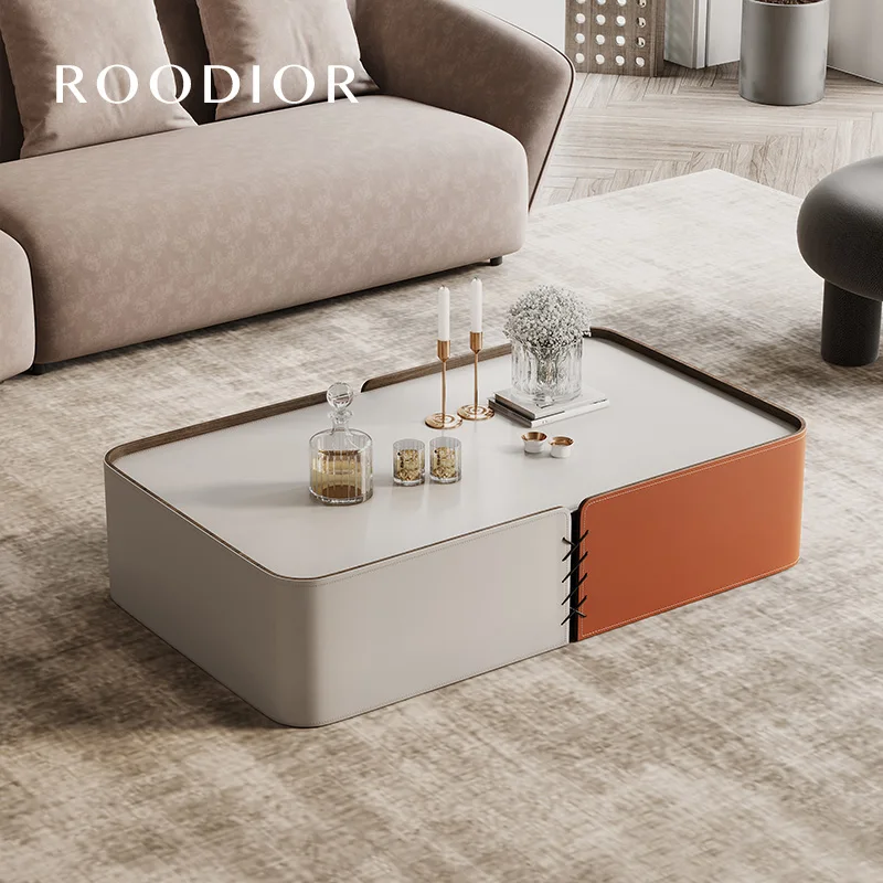 

Modern light luxury coffee table Italian minimalist style tea table simple saddle leather designer living room furniture